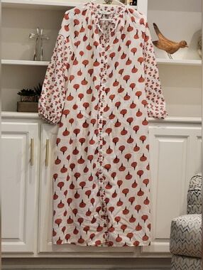 Chimene White Midi Dress with Orange Leaf Motif